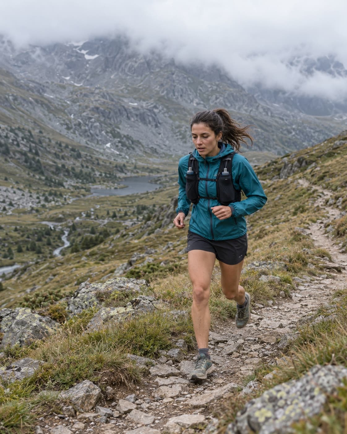 A woman trail running on a cloudy mountain path