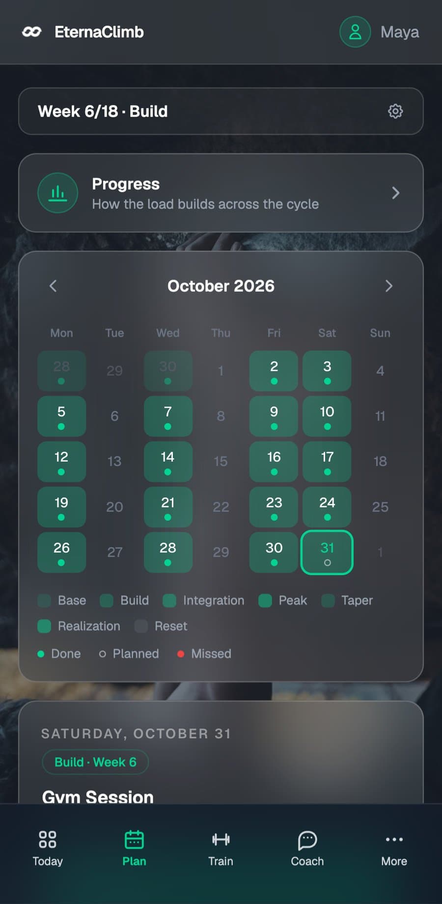 Plan screen: October calendar with done sessions